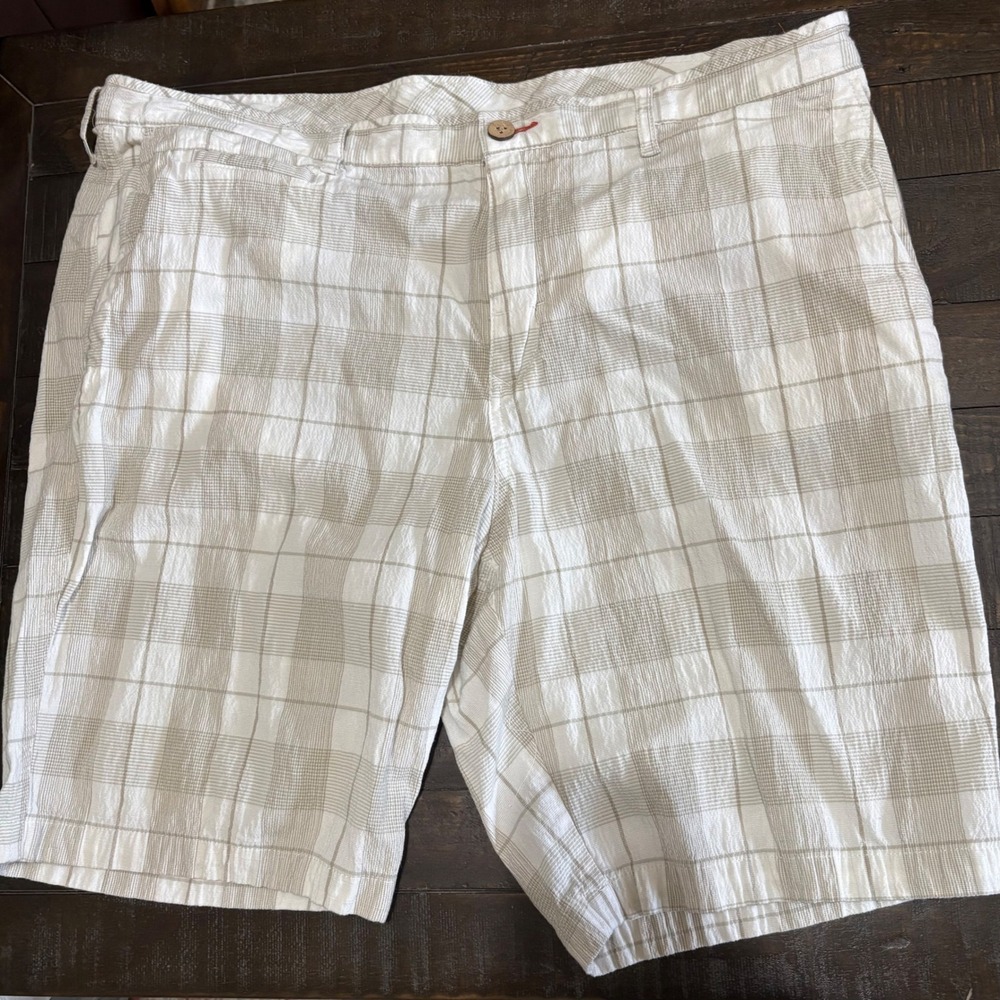 Tommy Bahama Relax Mens 40 Plaid Shorts White Tan Tencel Cotton Blend Stretch